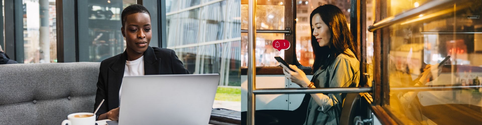 On the left, an audiologist adjusts her patient’s fitting maps during the day. On the right, her patient notices a notification to download the new fitting map on her mobile phone whenever she has time.