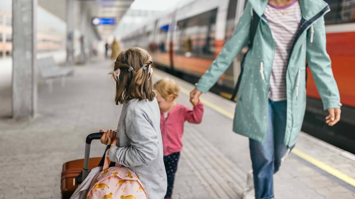 A young girl benefits from binaural hearing with bilateral SONNET 3 audio processors to safely navigate through a train station and follow her mother and younger sister.