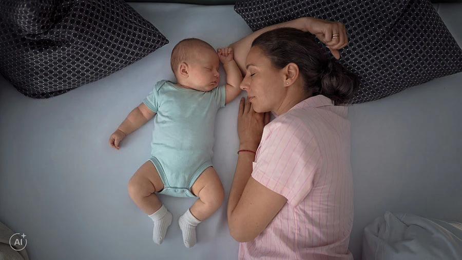 Adult and baby sleeping side by side on a bed.